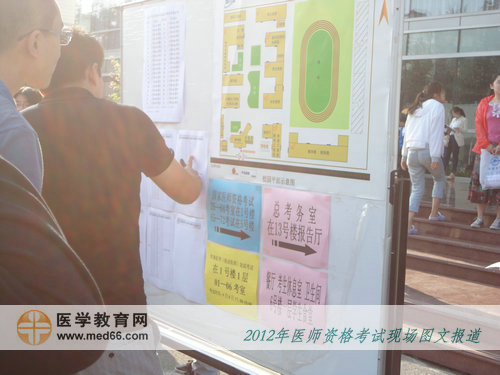 臨床醫(yī)師考生認真查看北京信息職業(yè)技術(shù)學(xué)院考點引導(dǎo)圖