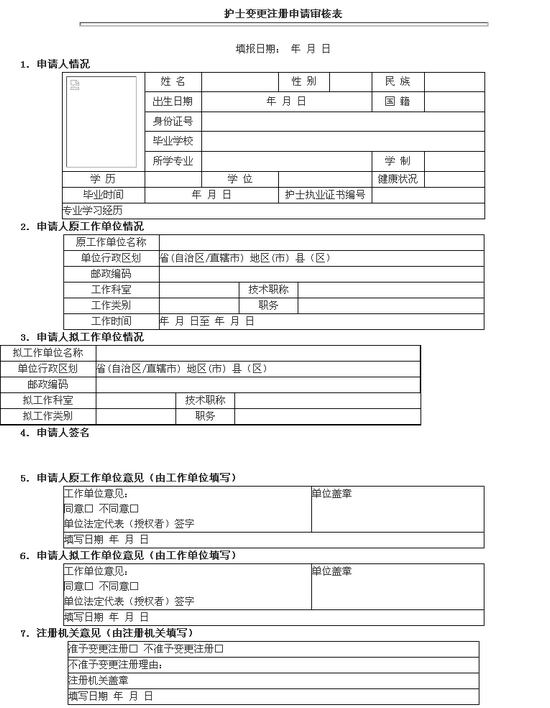 甘肅城中區(qū)2015護士變更注冊申請審核表