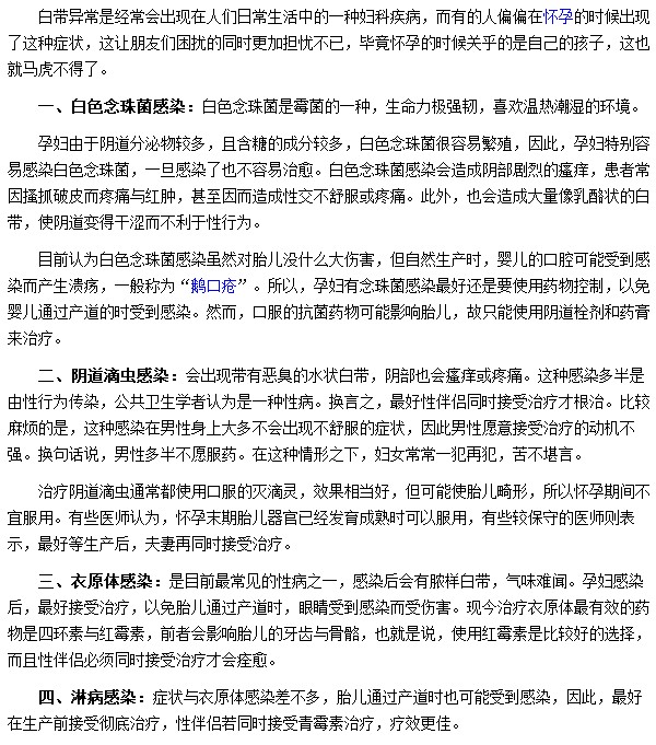 孕婦白帶異?？赡苁且?yàn)殛幍赖蜗x(chóng)感染|白色念珠菌感染等