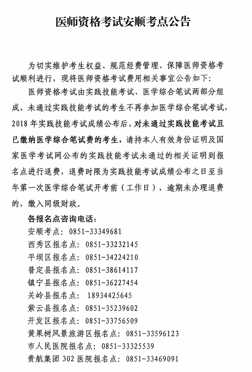 貴州省安順市2018年醫(yī)師實踐技能考試未通過考生通知