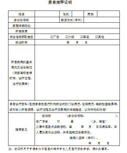 中醫(yī)醫(yī)術(shù)實(shí)踐證明材料、患者推薦表如何填寫