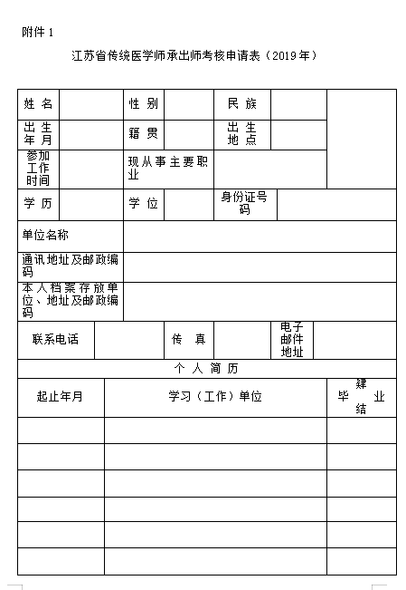 江蘇省傳統(tǒng)醫(yī)學(xué)師承出師考核申請表（2019年）